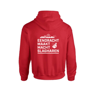 Rode hoodie met wit EMMS logo op de achterkant